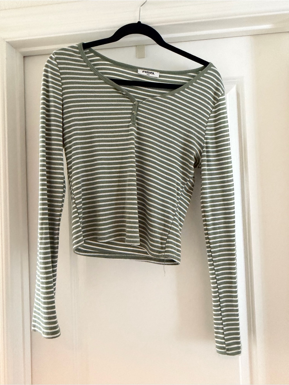 RSQ Olive Green and White Striped Long Sleeve Tee